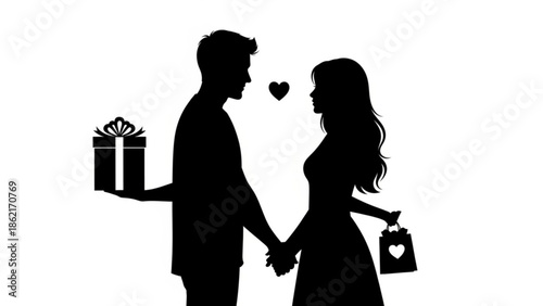 Couple holding hands with gift and heart-shaped bag in silhouette