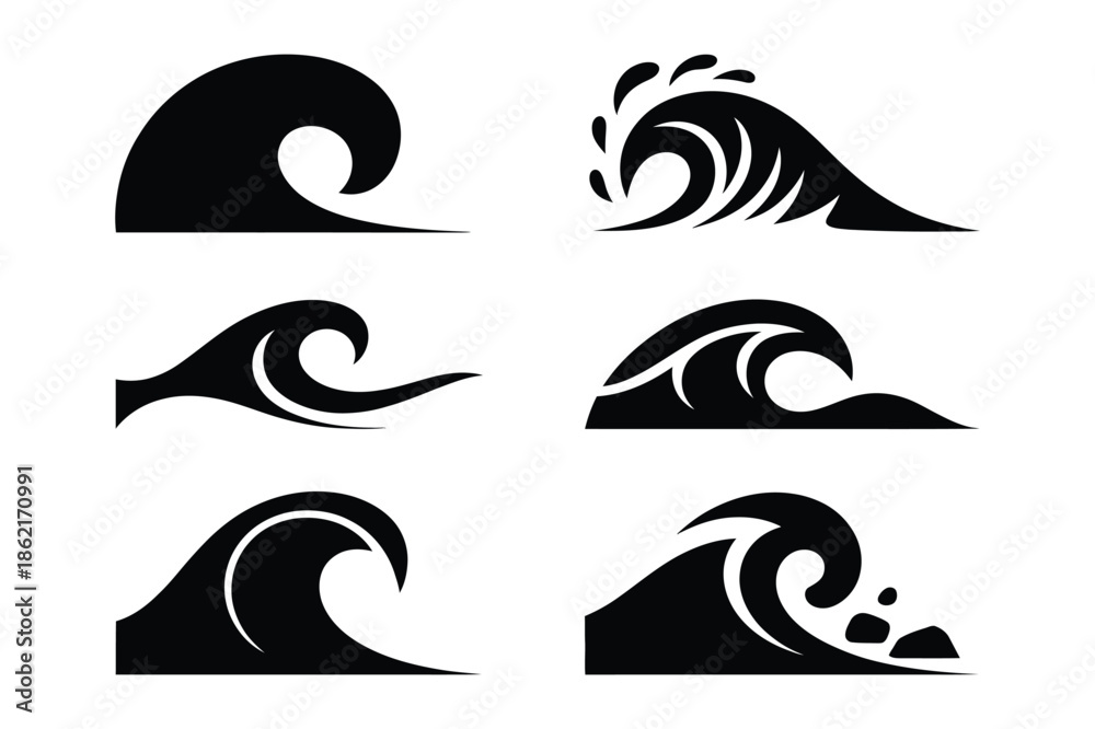 Obraz premium Ocean and Sea Wave Silhouettes for Surfing and Nautical Themes