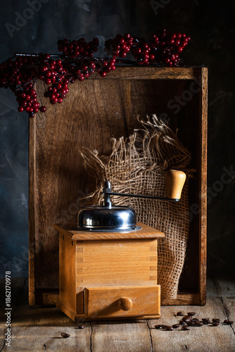 Coffee grinder on a wooden table