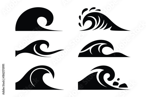 Ocean and Sea Wave Silhouettes for Surfing and Nautical Themes