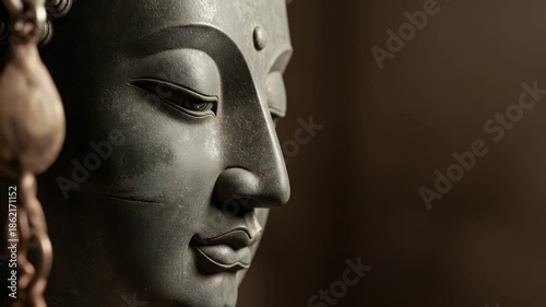 Close up of serene stone buddha sculpture with soft lighting displaying subtle textures and elegant details against a blurred backdrop evoking tranquility