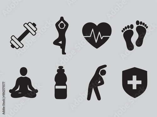 A comprehensive silhouette icon set of health and fitness icons representing wellness and exercise activities, isolated on a gray background, editable vector illustration.