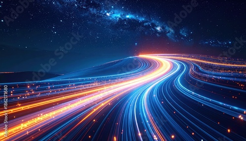 Abstract light trails under a starry night sky illustration.