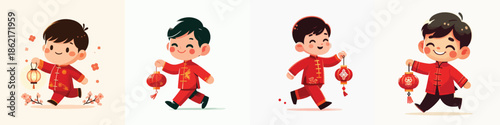 vector of a little boy walking carrying a Chinese New Year lantern