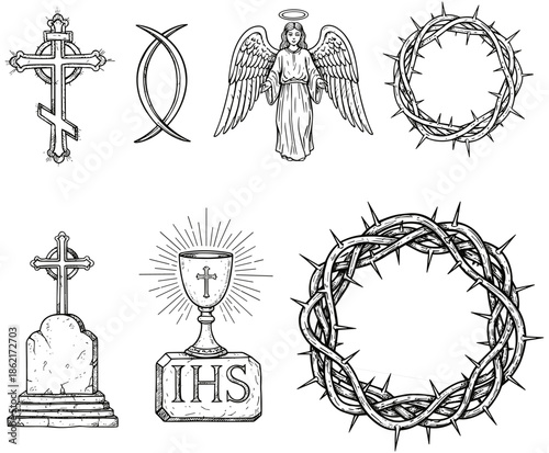 Christian religious symbols set, vintage church icons with cross angel and crown of thorns, catholic spiritual vector engraving design