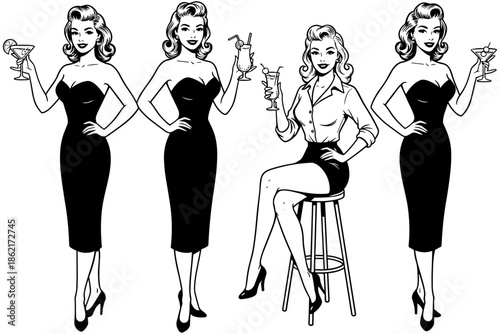 Retro 1950s pinup women set, vintage cocktail party fashion illustration, mid-century ladies with drinks sketch, classic bar style vector