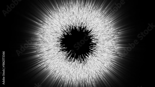 Abstract white glowing radial particle rays bursting from center on black background