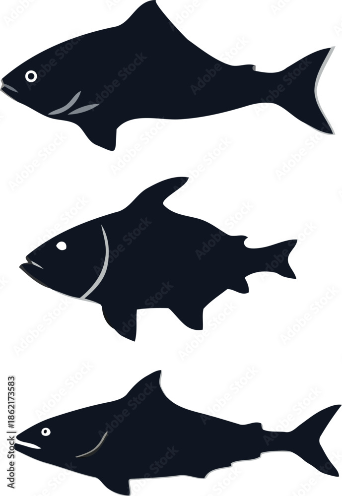 Fototapeta premium Aquatic Silhouette Trio: A simple illustration of three fish, each with a unique silhouette, perfect for representing marine life.