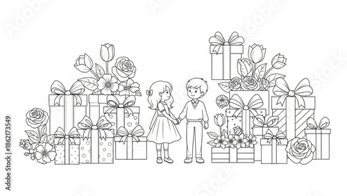 Couple standing together surrounded by numerous gift boxes and flowers in a celebratory scene