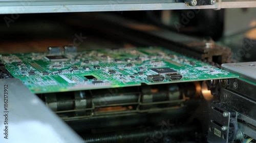 Automated manufacturing process with a printed circuit board moving on a conveyor belt into a reflow oven for surface mount technology soldering of electronic components