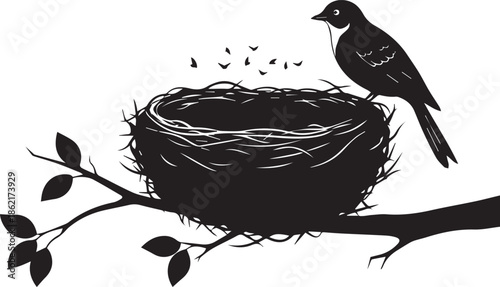 Bird Silhouette on Nest with Abstract Text Design