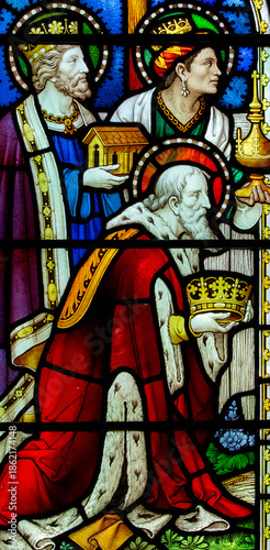 Three kings from the east visiting the newborn Jesus