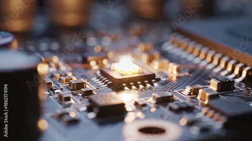 Detailed view of a computer motherboard with glowing central processing unit