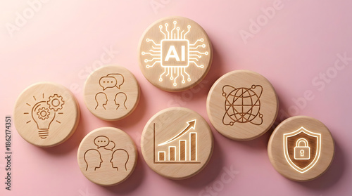 Wooden blocks arranged with artificial intelligence and business icons,ai technology strategy concept,digital transformation diagram,machine learning smart innovation,network security.