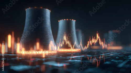 Nuclear power plant cooling tower energy infrastructure digital art glowing chart night scene industrial landscape data visualization futuristic