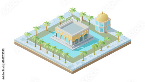 3D isometric vector illustration of a modern mosque with a large courtyard, palm trees, and soft ambient lighting, pastel blue and gold color scheme, high-quality render style.