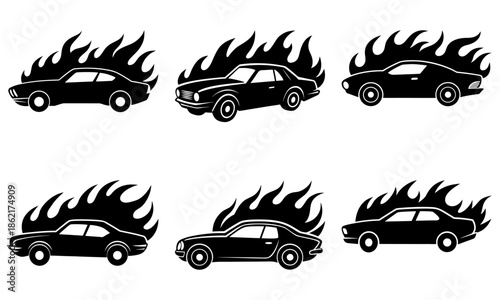 Burning Cars Silhouettes on White Background fire black