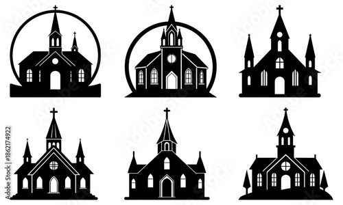 Six Different Church Silhouettes on White Background building architecture