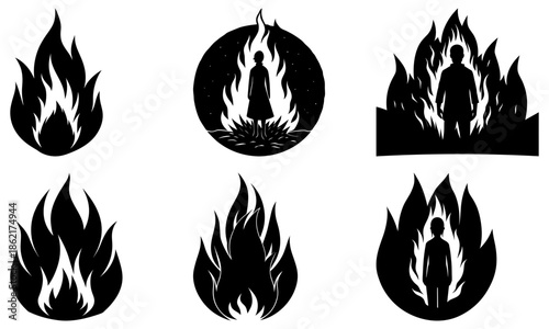 Silhouette of Person Standing in Flames with Transparent Background fire