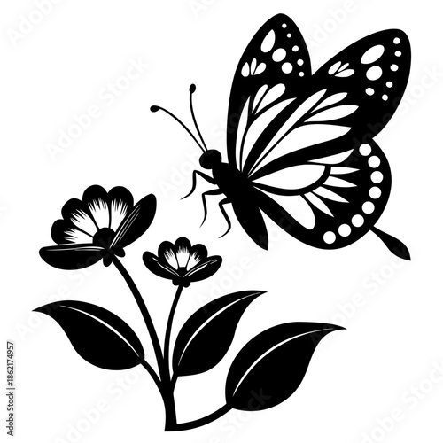 Elegant black silhouette vector illustration of a butterfly hovering near delicate flowers with leaves 