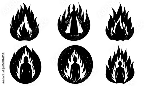 Silhouette of a person inside a flame shape with transparent background fire silhouette transparent background