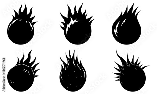 Six Black Onion Silhouettes with Spiky Tops on White Background vegetable