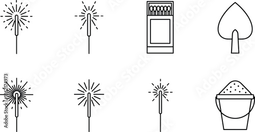 Firework safety icon set, linear sparklers, open matchbox and sand bucket, vector black outline illustrations for celebration design elements