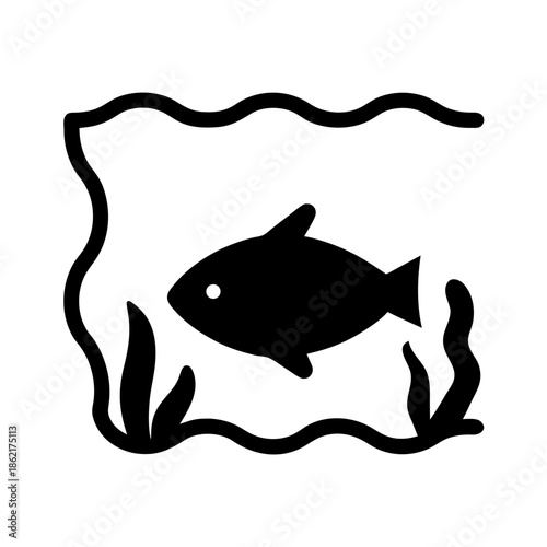 Simple black fish swimming in underwater scene with wavy lines and aquatic plants