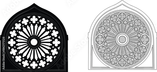 Gothic rose window icon set, cathedral glass architecture, medieval church ornament, circular stained glass pattern, black and white vector illustration.