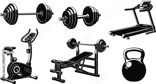 Gym equipment icon set, fitness machine silhouette, weightlifting barbell and kettlebell, treadmill cardio workout, exercise bike vector illustration.