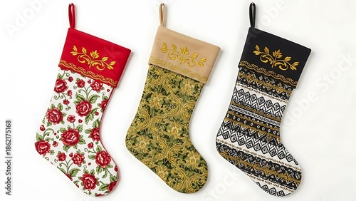 Three christmas stockings with floral and snowflake patterns