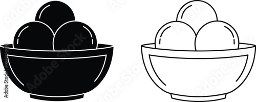 Ice cream bowl icon set, three scoops dessert, sweet food silhouette and outline, frozen treat vector illustration symbol.