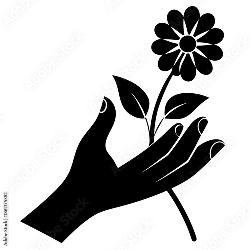 Stylized black vector illustration of a gentle hand holding a blooming flower with leaves