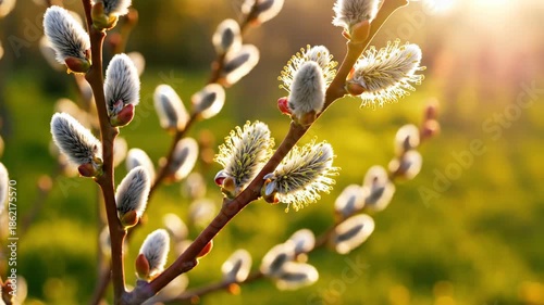 A gentle close-up shot captures the delicate beauty of fluffy catkins on a budding branch, bathed in soft, warm sunlight. The textured, silver-grey buds contrast against the rich brown stem, with some