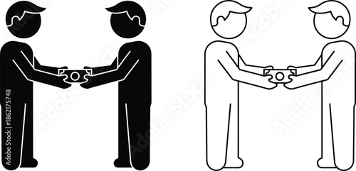 People exchanging money icon set, financial transaction symbol, man giving cash to another, solid and outline vector illustration.