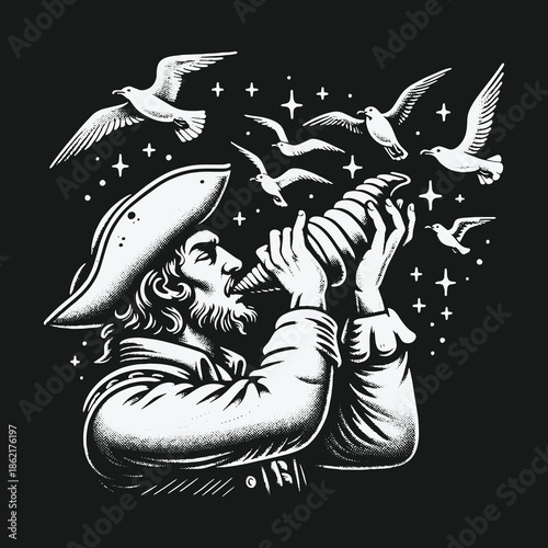 Old sailor blowing a magical conch shell releasing a flock of seagulls.