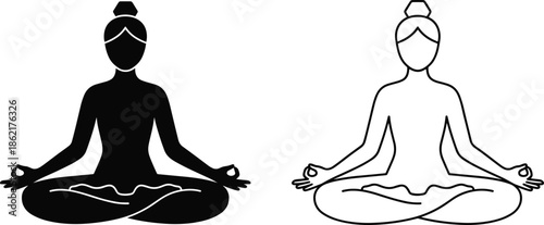 Yoga woman icon set, meditation pose silhouette, lotus position outline, female wellness symbol, calm spiritual practice vector illustration.