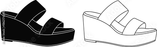 Vector set of platform wedge sandals, black silhouette and outline of women's double strap summer shoes for fashion design