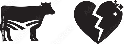 A simple illustration featuring a cow and a broken heart icon