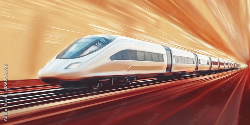 Obraz premium Futuristic high-speed subway train in motion blur, illuminated by cool blue and purple neon lights in a dark tunnel, symbolizing fast travel and technology