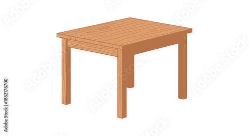 A simple wooden table with four legs and a flat rectangular top, presented in a clean isometric illustration.