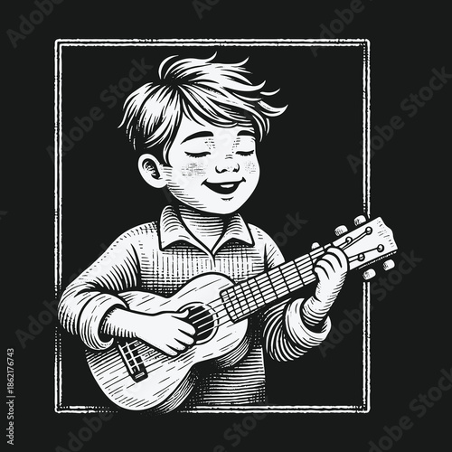 Joyful young boy playing ukulele in black and white illustration.