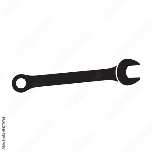 Black combination wrench with open and box ends on white tool metal hardware equipment