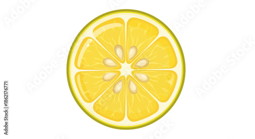 A vibrant, top-down view of a perfectly sliced, juicy yellow citrus fruit, revealing its segmented interior and small seeds.