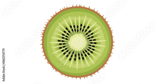 A close-up, top-down view of a vibrant, sliced kiwi fruit, showcasing its green flesh, black seeds, and fuzzy brown skin.
