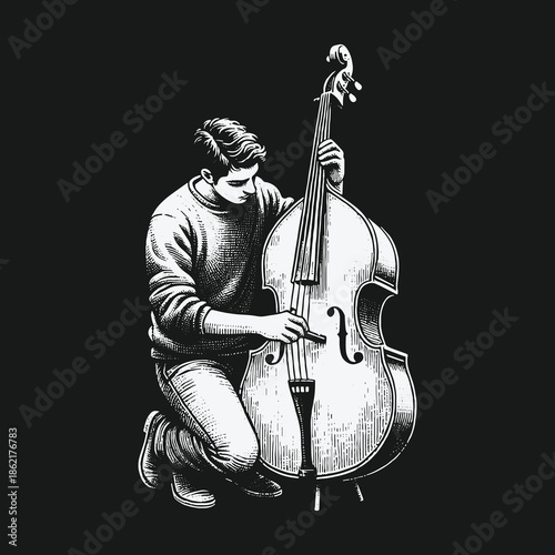 Monochrome illustration of a kneeling musician playing a double bass instrument.