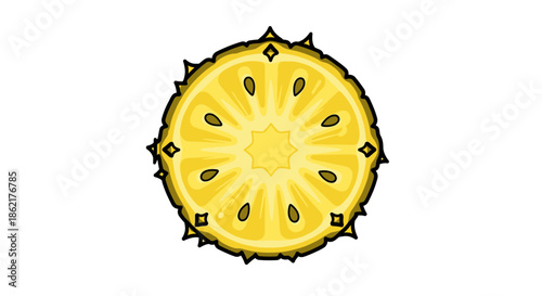 A vibrant, stylized cross-section of a pineapple, showcasing its juicy yellow flesh and dark seeds arranged in a circular pattern.