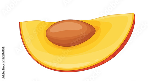 A vibrant, stylized illustration of a single slice of ripe peach, showcasing its juicy flesh and central pit.