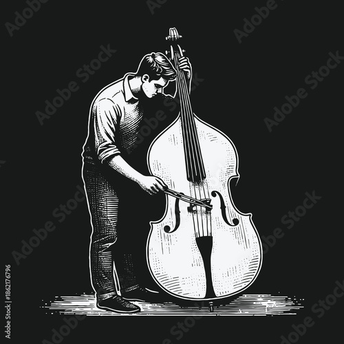 Hand drawn illustration of a musician playing the double bass.