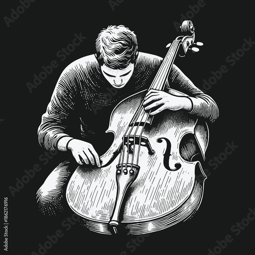 Artistic black and white drawing of a musician playing a cello.